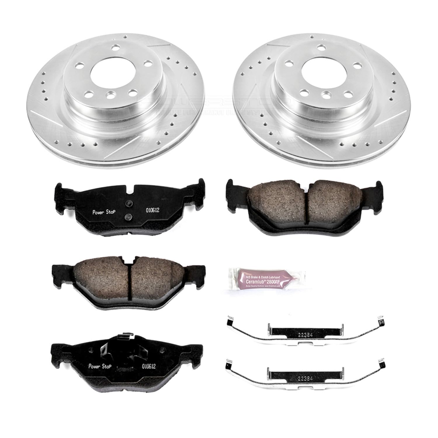 Power Stop K5981 Rear Brake Pads Z23 Carbon Fiber with Drilled & Slotted Brake Rotors Kit and 1 Rear Sensor Wire For BMW 328i 2011-2013 [Model Specific]