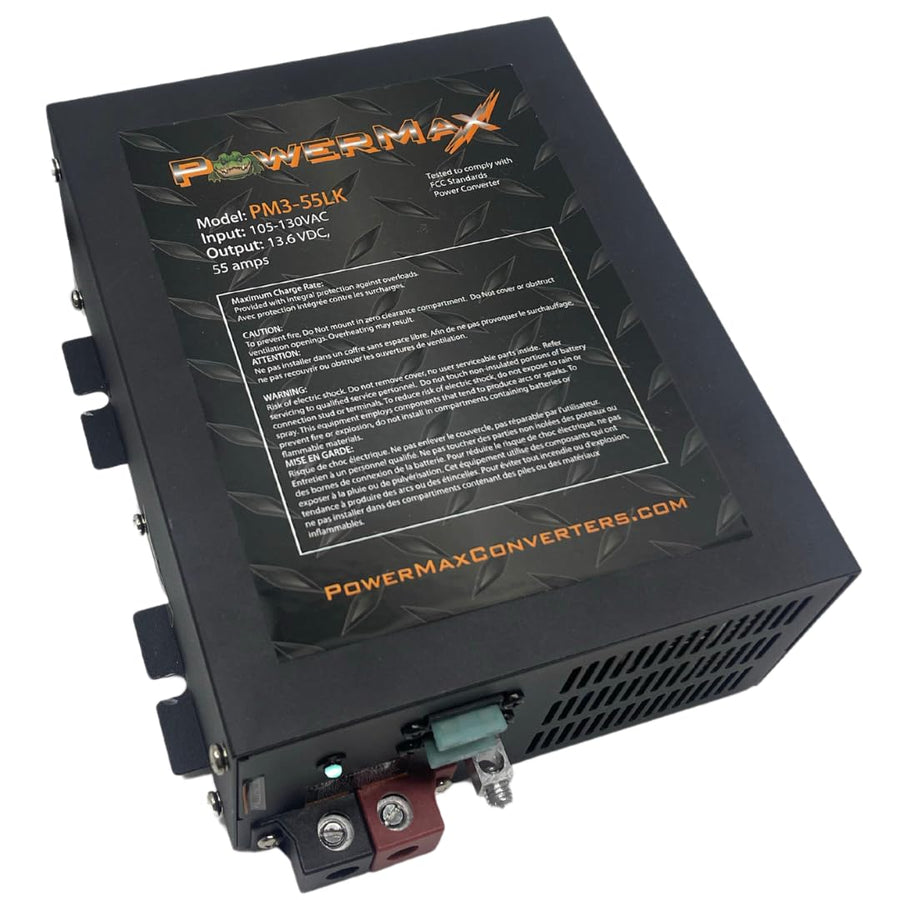 55 Amp Powermax RV Converter | 12V Power Converter with Built-in 4 Stage Smart Battery Charger | 110V AC to 12V | Lithium Compatible | Fully Adjustable Output from 13V to 16.5V | PM3 55LK