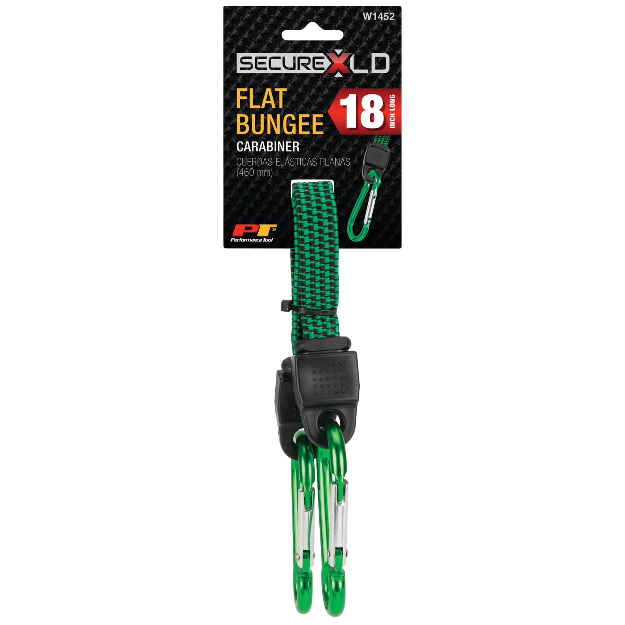 W1452 Performance Tool 18-Inch Flat Bungee w/ Carabiner - Heavy-Duty, Secure and Versatile Bungee Cord for Home, Automotive and Outdoor Use