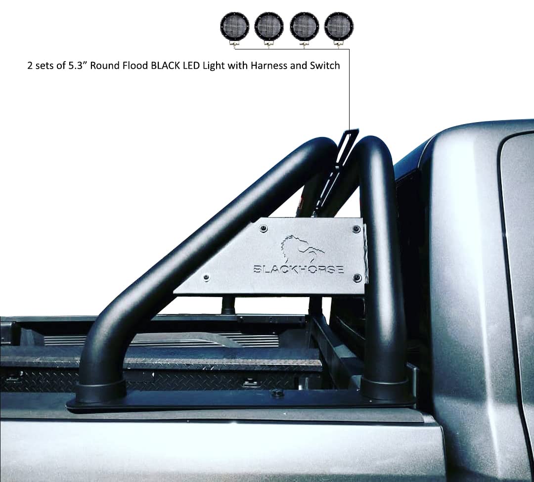 Classic Black Horse Roll Bar Incl. Set of 5.3" Dia.LED Lights w/Black Trim Rings Compatible with 2005-2021 Nissan Frontier-RB-NIFRB-PLFB