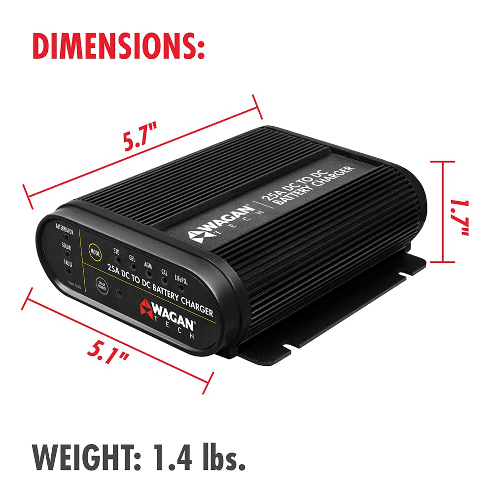 Wagan 12V EL7410 25A DC to DC Battery Charger with Solar Input MPPT Controller for SLA, Flooded, Gel, AGM, Calcium and Lithium, Using Multi-Stage Charging in RVs, Vehicles, Boats and Yachts