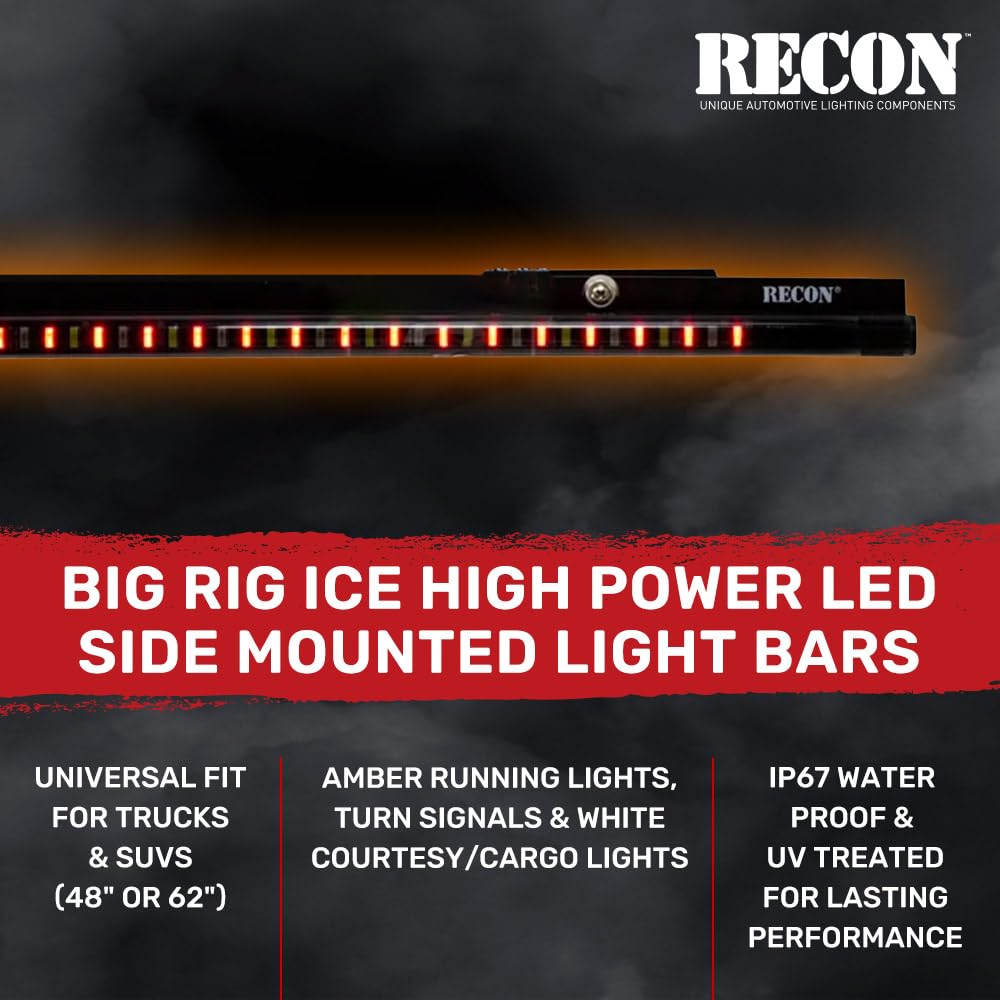 RECON 48" Premium Big Rig Ice Universal Fit Side Mounted High Power LED 2-PC Light Bar Kit Amber Running Lights & Turn Signals with White Courtesy/Cargo Lights