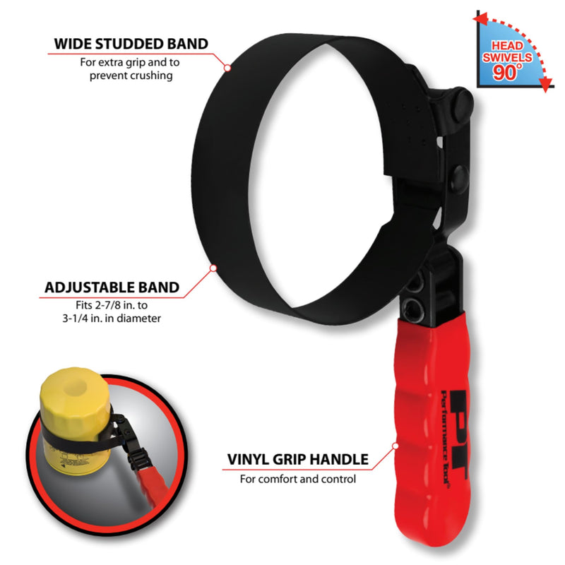 W54123 Performance Tool Oil Filter Wrench, Swivel Handle, Studded Steel Band, 2-7/8 in. to 3-1/4 in. (73mm to 82.5mm) Diameter, Black/Red