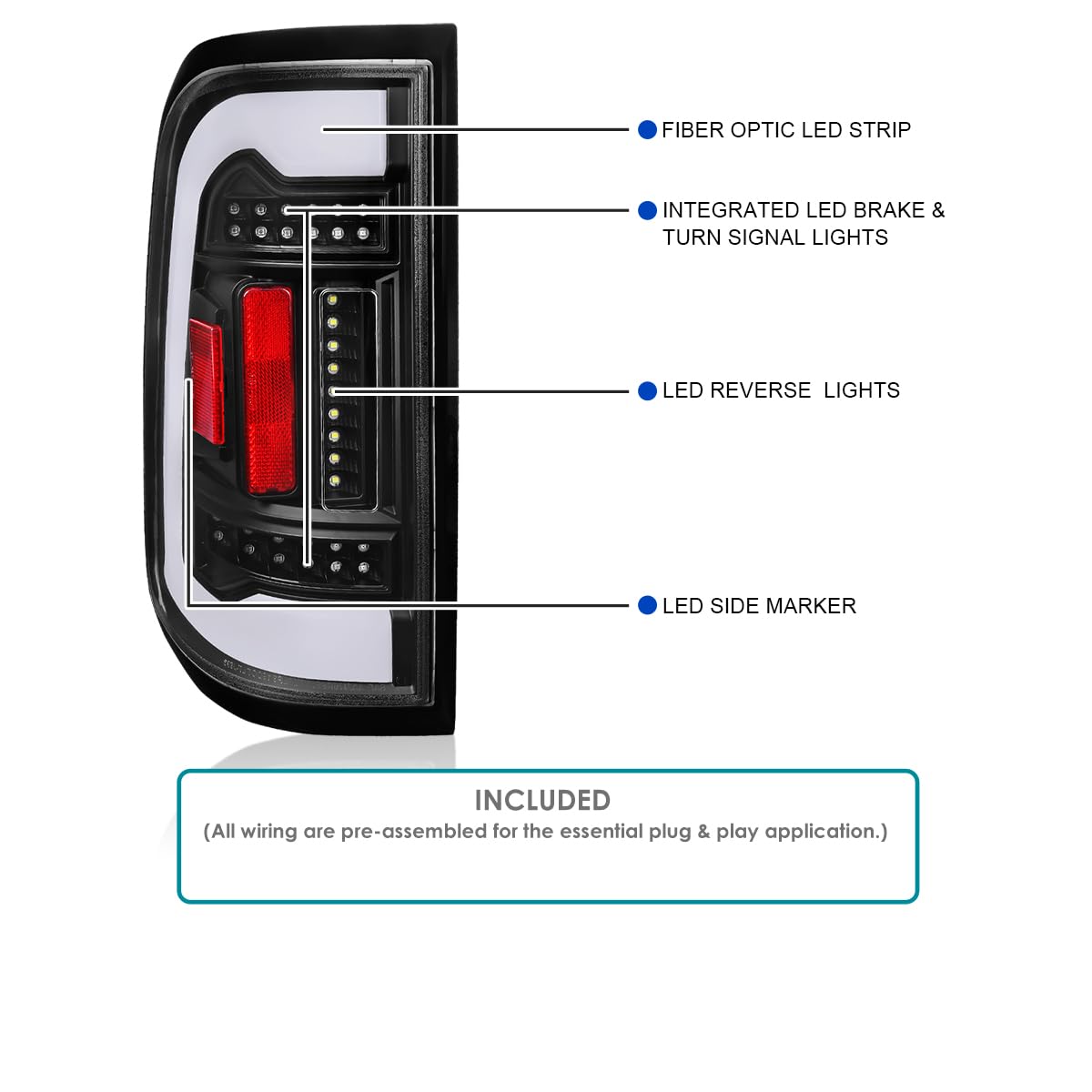 Full LED Tail Lights SPEC-D TUNING w/White LED Light Bar Compatible with 2019-2023 Ram 1500, Left + Right Pair Assembly