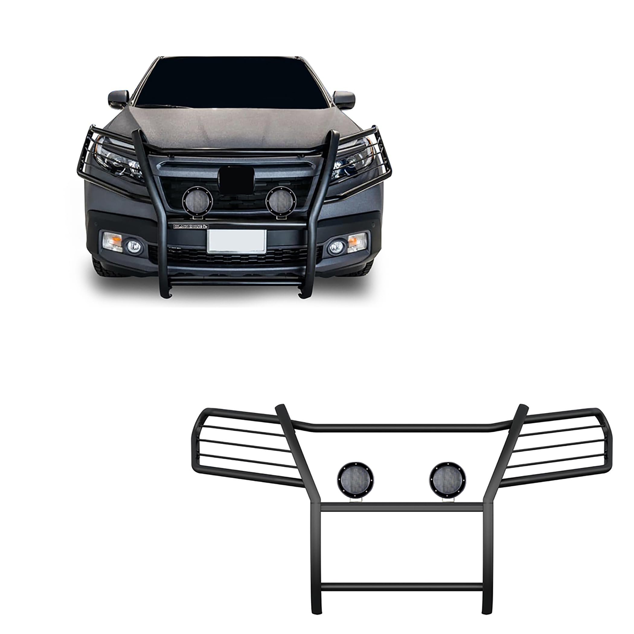 Bumper Guard Modular Black Horse Grille brush Come with Pair of 5.3" Dia.LED Lights with Black Trim Rings Compatible with 2016-2019 Honda Ridgeline-17H01MA-PLFB