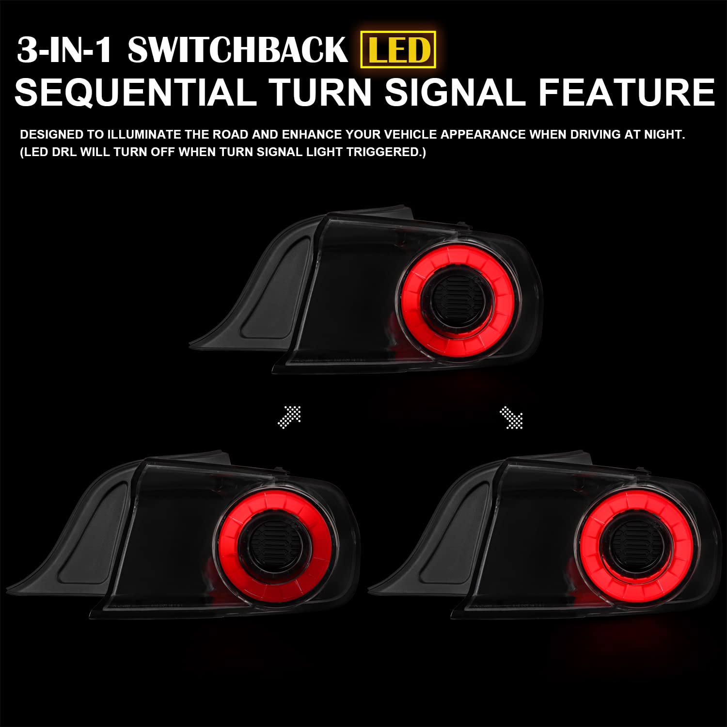 Jet Black SPEC-D TUNING Red LED Sequential Signal Tail Lights Compatible with 2015-2022 Ford Mustang, Left + Right Pair Assembly