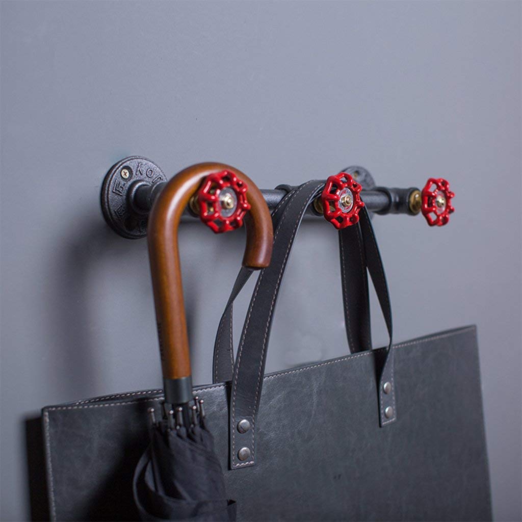 YIMJ Industrial Style Coat Rack Wall Mounted Water Pipe Hanger with 3 Red Valve Button Clothes Rack Hanging Cloth Bar