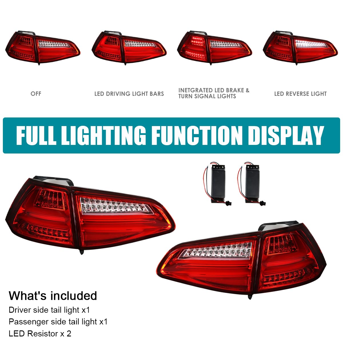 Red LED Bar Tail Lights SPEC-D TUNING Compatible with 2015-2017 Volkswagen Golf GTI Models, Left + Right Pair Assembly