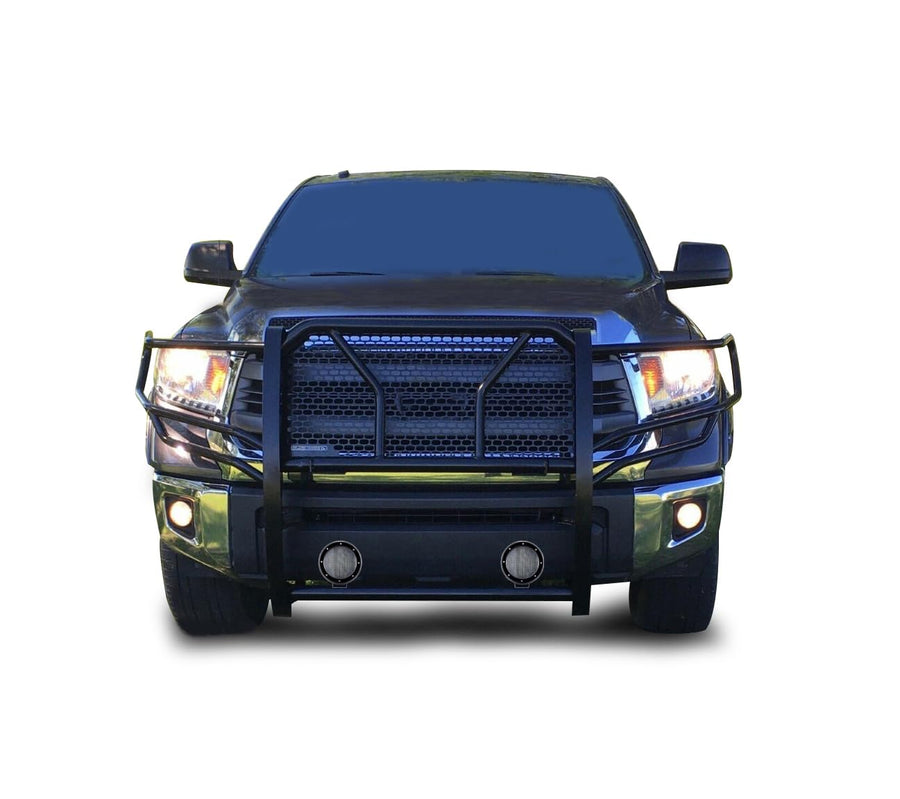 Heavy Duty Black Horse Rugged Grille Brush Bumper Guard Modular Black Come with Pair of 5.3" Dia.LED Lights with Black Trim Rings Compatible with 2007-2020 Tundra|2008-2022 Sequoia-RU-TOTU07-B-PLFB