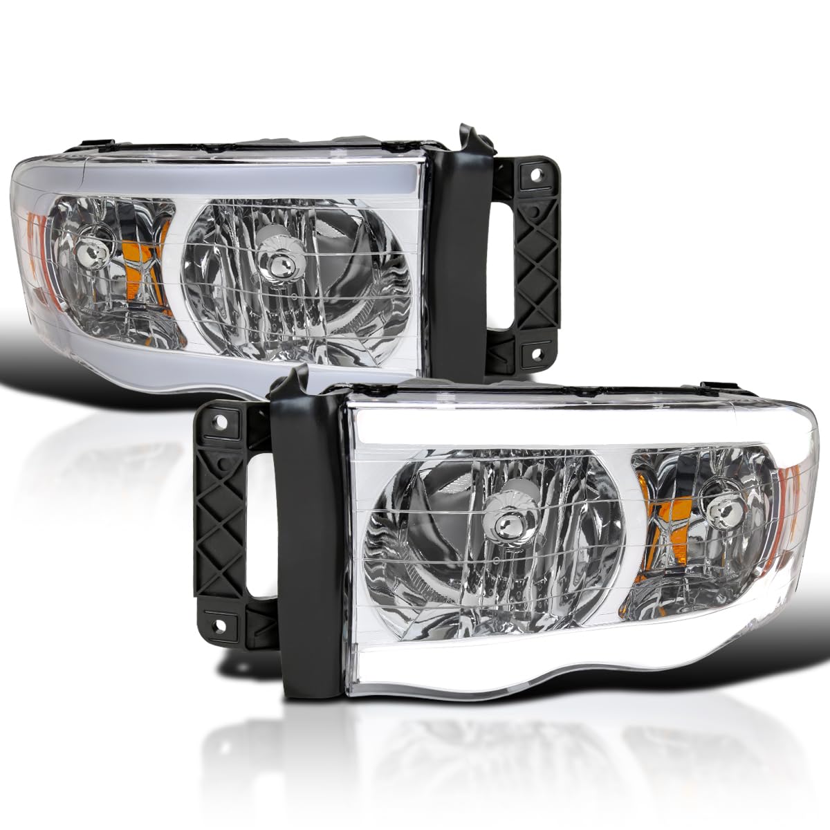 Chrome LED Tube Headlights SPEC-D TUNING Compatible with 2002-2005 Dodge Ram 1500, 2003-2005 Dodge Ram 2500/3500 Left + Right Pair Headlamps Assembly