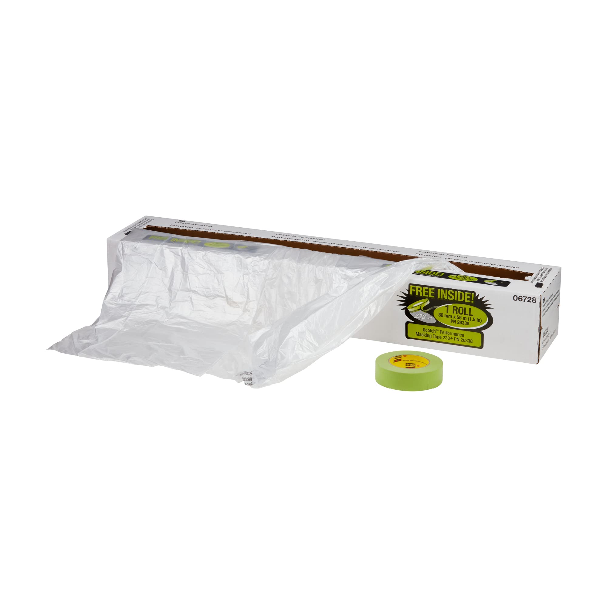 3M Protective Sheeting Overspray With 233+ Masking Tape (36 mm), 06728, Translucent, Paintable, High Density, Tear Resistant, 16 ft x 400 ft