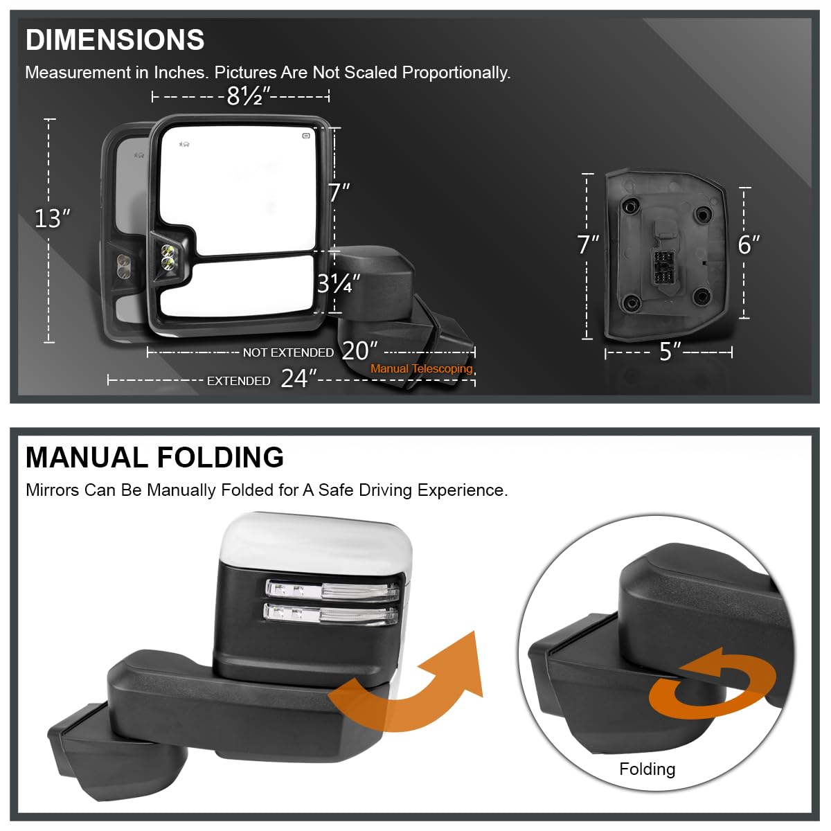 Power Spec-D Tuning Chrome Heated Towing Mirrors w/LED Signal, Temperature Sensor Compatible with 2020-2025 Chevy Silverado, GMC Sierra 2500HD 3500HD, Left + Right Pair