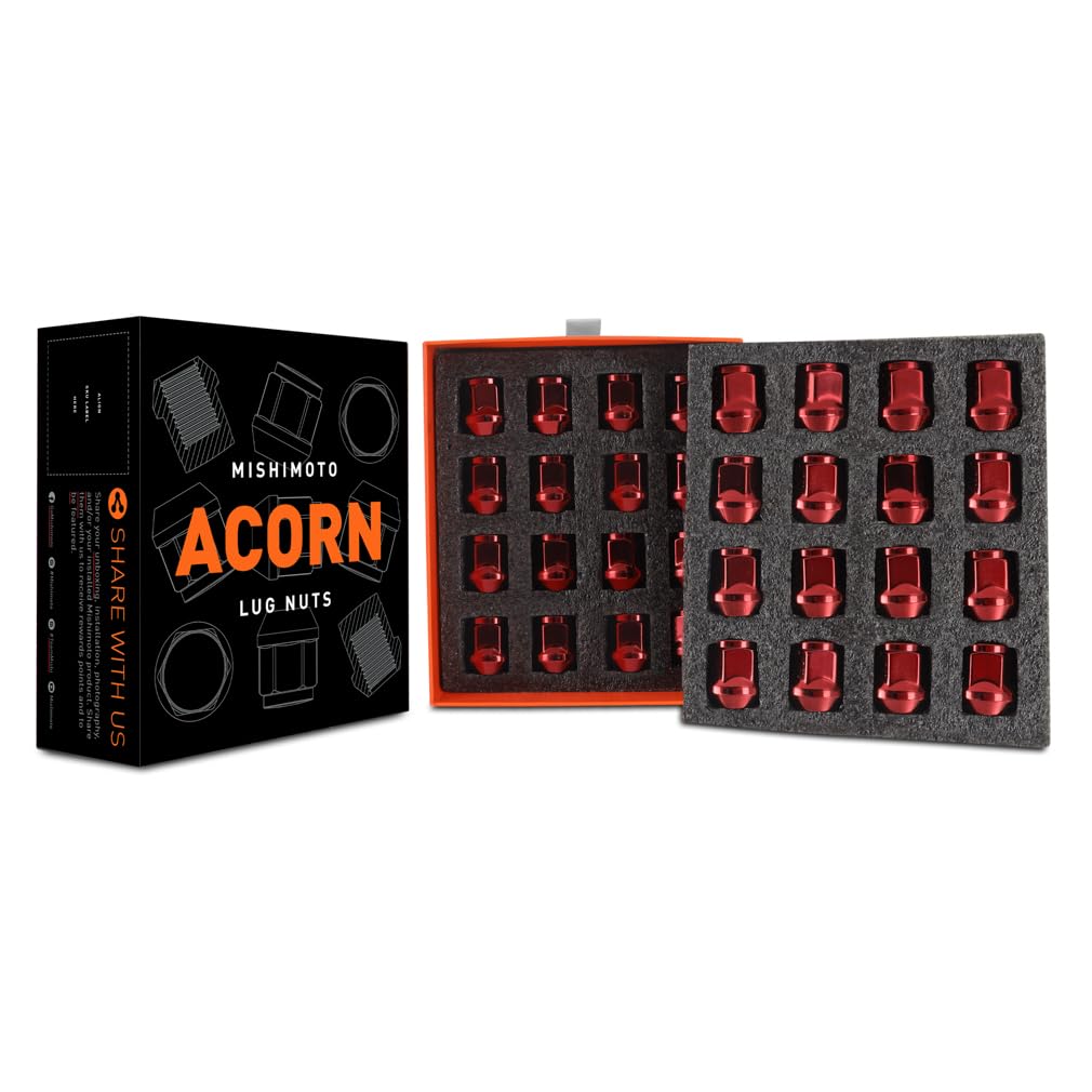 M14x1.5 Mishimoto Steel Lug Nuts, Acorn Seat, 32pc Set, Red