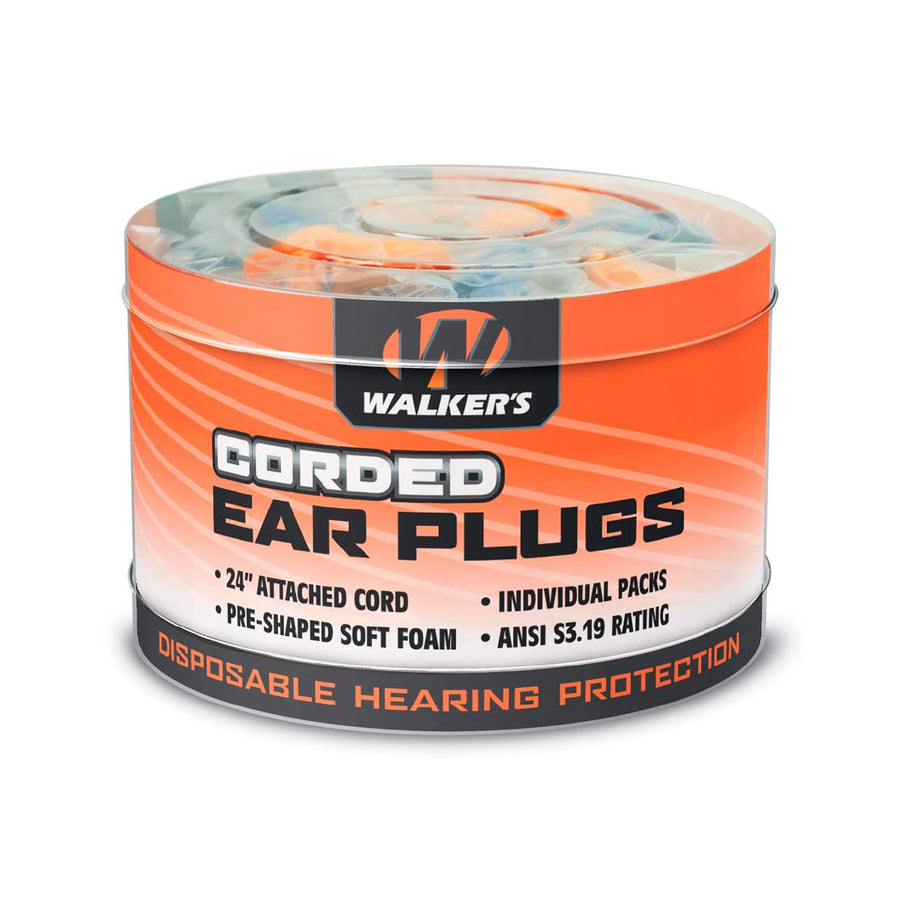 50 Pair Walker's Corded Foam Earplugs Jar Dispenser Tub 32dB NRR Noise-Blocking ANSI S3.19 Hearing Protection Shooting Hunting Work Soft Comfortable 24" PVC Cord