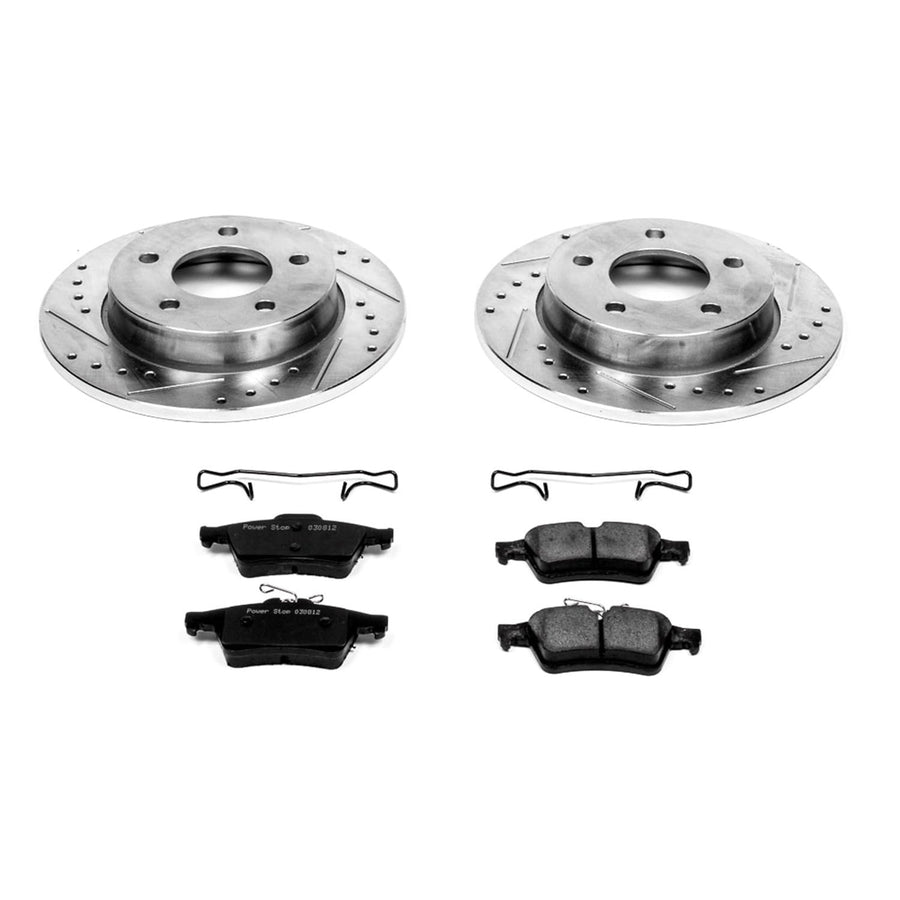 Rear Power Stop K123 Z23 Carbon Fiber Brake Pads with Drilled & Slotted Brake Rotors Kit For Mazda 3 2006-2013 [Model Specific]