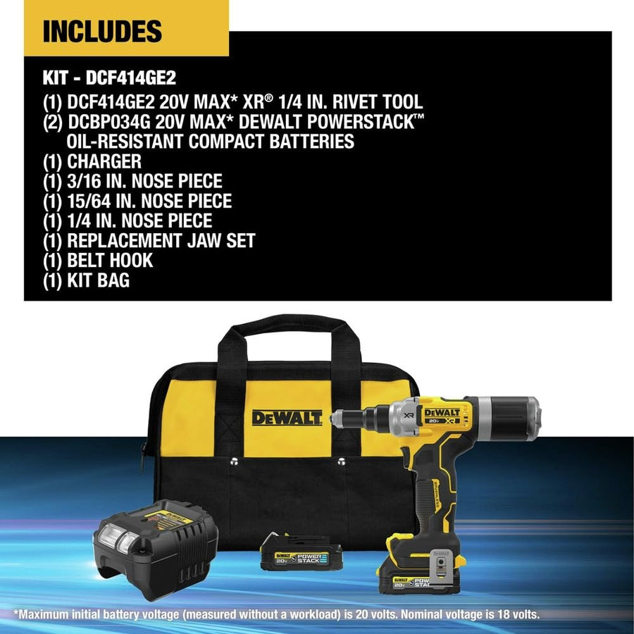 20V MAX XR DEWALT Cordless Rivet Tool, 1/4", Battery and Charger Included (DCF414GE2)