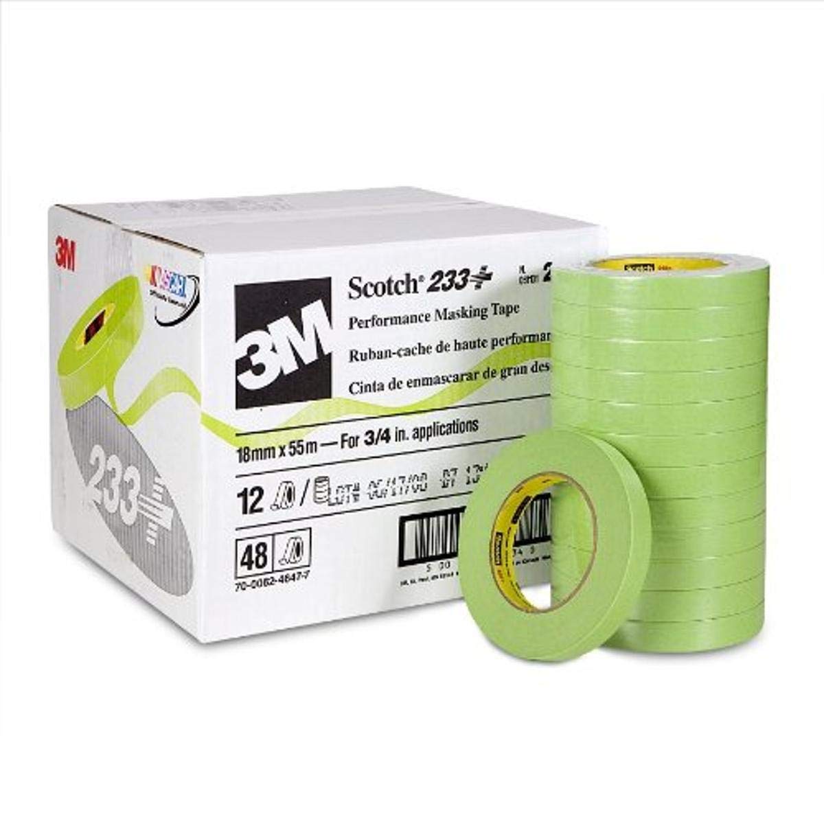 3M Scotch 233+ Performance Masking Tape, 26334, Green, 18 mm x 55 mm, Flexible, Moisture Resistant, Premium Paper Backing, 48 Rolls