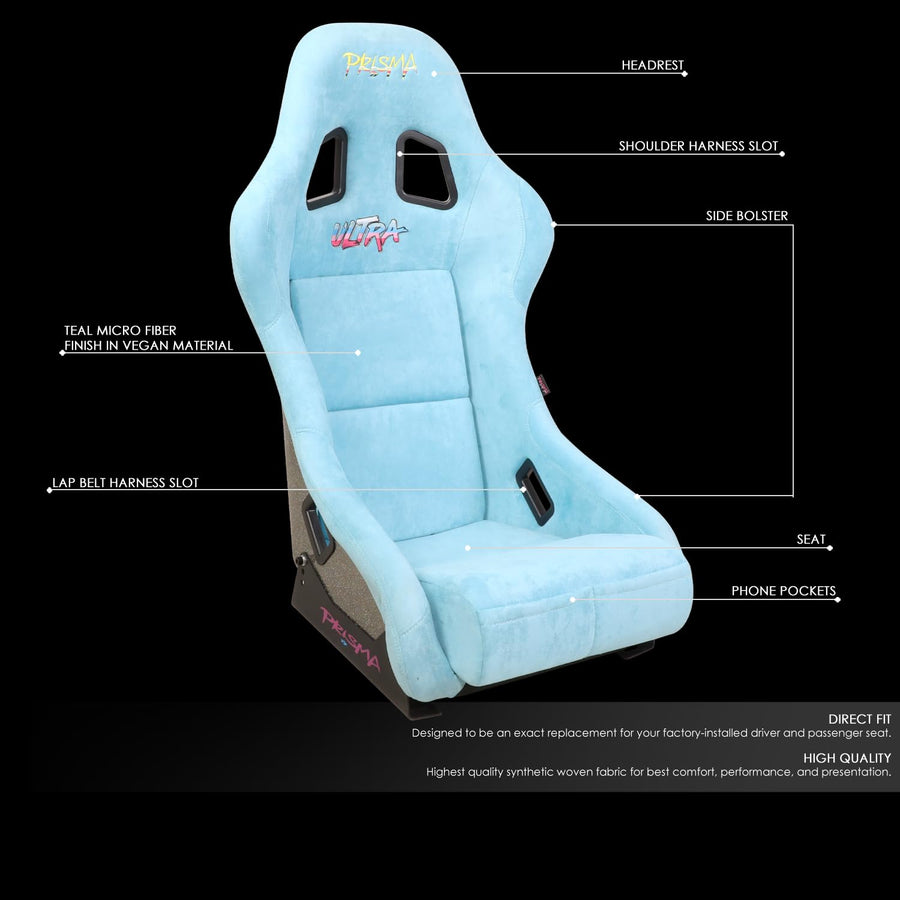 NRG Innovations FRP Bucket Seat NRG-FRP-303TL-ULTRA Teal Vegan Microfiber Material with Grey Pealized Back Plus Phone Pockets. (Medium)