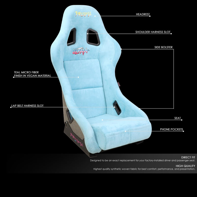 NRG Innovations FRP Bucket Seat NRG-FRP-303TL-ULTRA Teal Vegan Microfiber Material with Grey Pealized Back Plus Phone Pockets. (Medium)