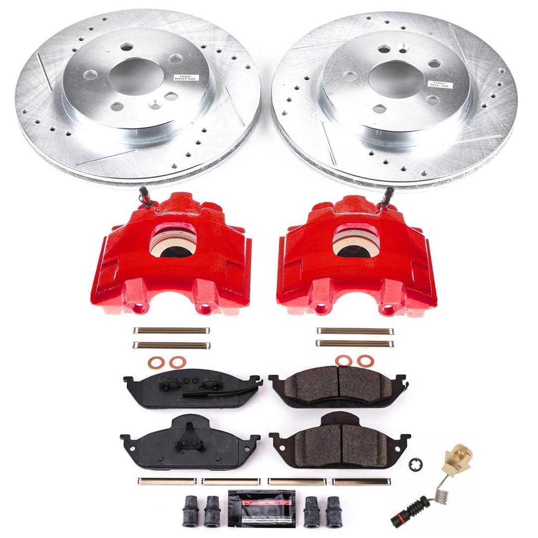 Power Stop Z23 KC864, Daily Driver Front Brake Caliper Kit-Drilled/Slotted Brake Rotor, Brake Pads & Calipers and 1 Front Sensor Wire For Mercedes ML320, Mercedes ML350, Mercedes M [Model Specific]