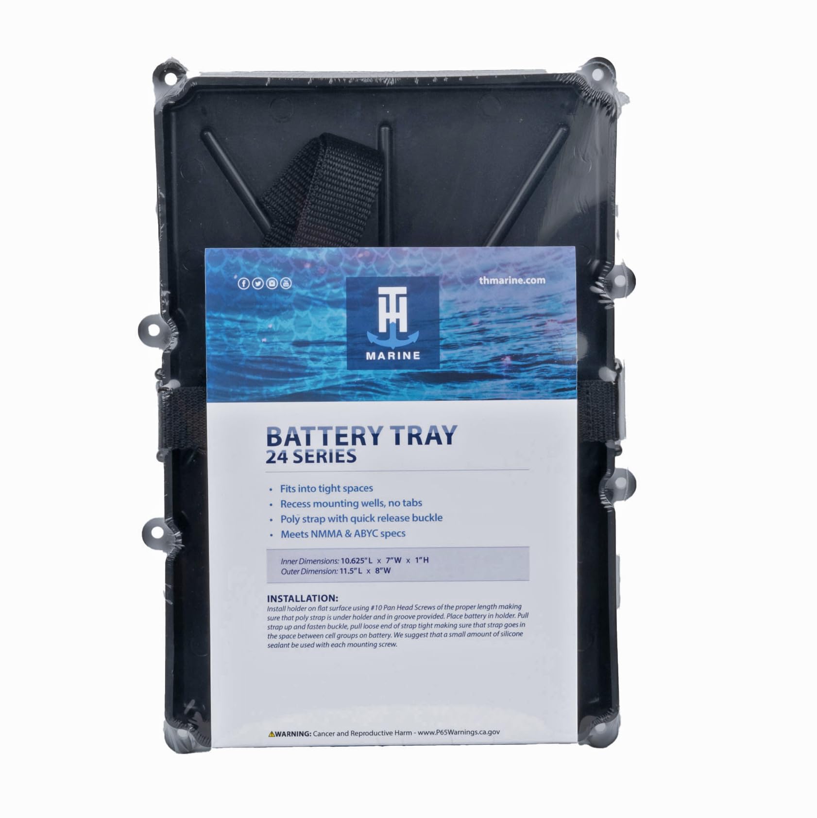 Narrow Battery Tray Holder T-H Marine with Poly Strap – Space Saving NMMA Certified Battery Tray with Recessed Mounting Wells for Marine, RV, and Trolling Motor Installations – Group 24, 10-5/8" x 7"
