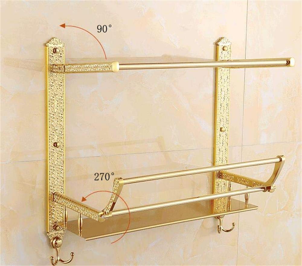European Highgrade BTBT Gold Double Folding Shelf And Double Towel Bar Bathroom Rack Wallmounted Bathroom Shelf (Size : 50cm)