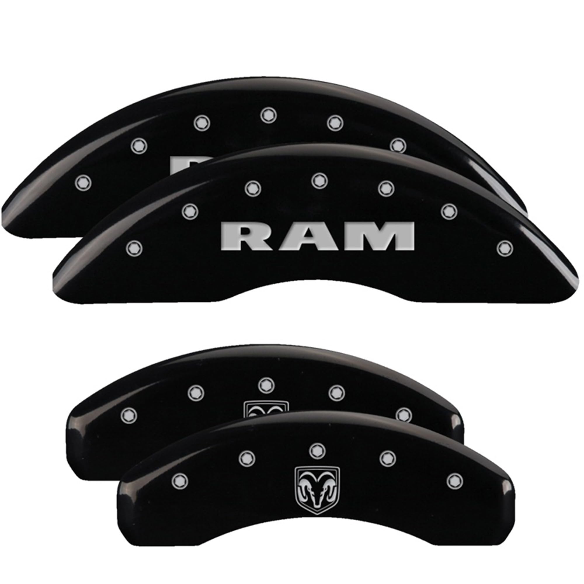 Brake Caliper Covers MGP for 2019-2025 RAM 1500 (Requires 18"+ Wheels or Larger) Engraved RAM & RAM Head Logo, Black Powder-Coated Finish, Aluminum Front and Rear Caliper Covers (Set of 4)
