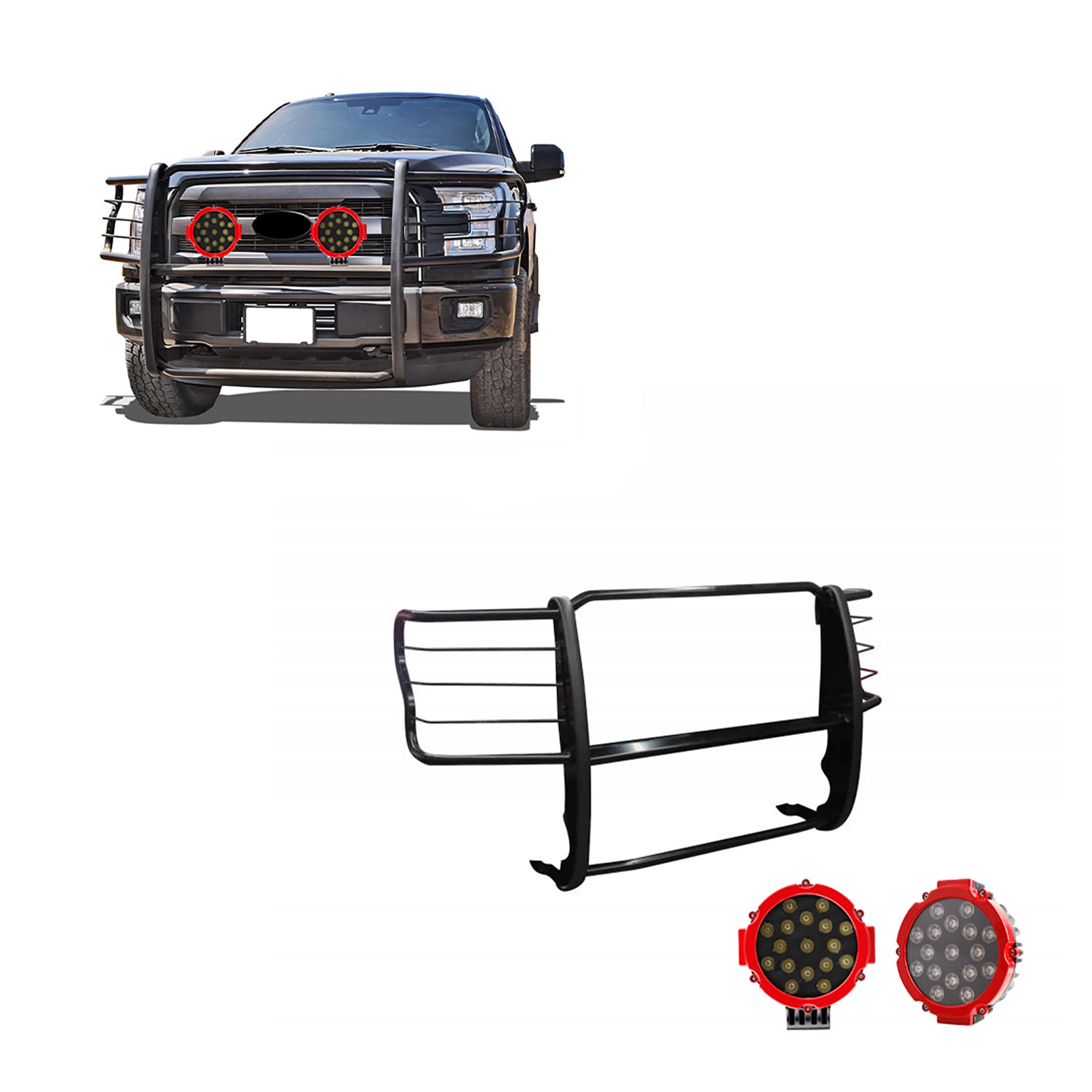 Bumper Guard Modular Black Black Horse Grille brush Come With pair of 7.0"LED Lights with Red Trim Rings Compatible with 2017-2023 Ford F-250/Ford F-350 /Ford F-450/Ford F-550 Super Duty-17FB28MA-PLR