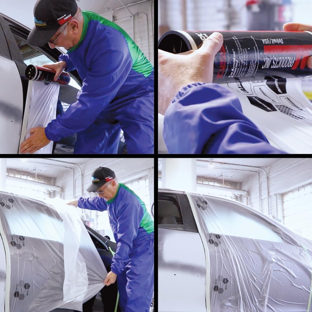 43" x 115' AutoMask Roll-On Dispenser – Pre-Taped, Lint-Free, Waterproof & Heat-Resistant Paint Masking Film for Automotive & Industrial Use