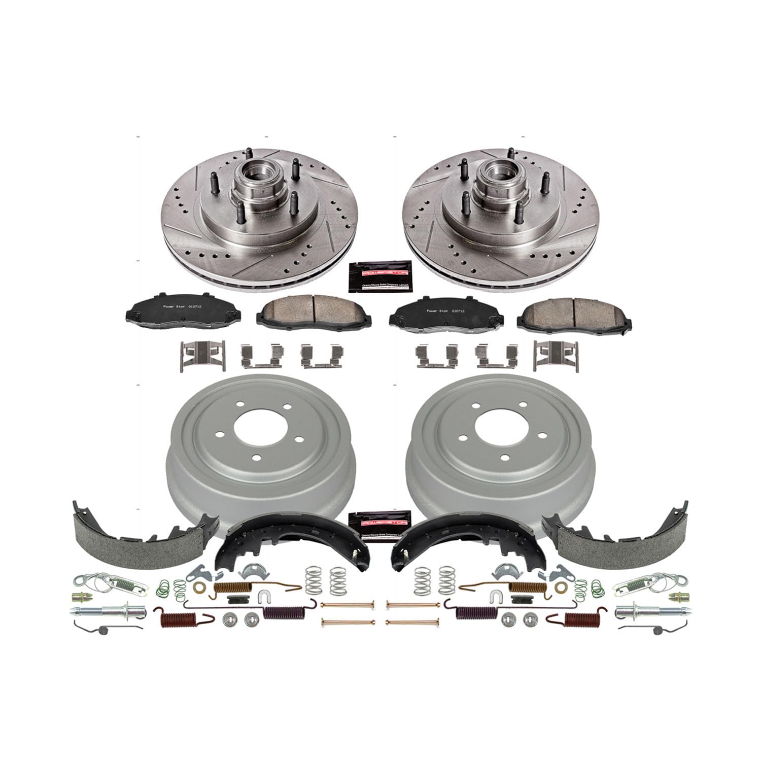 Power Stop K15175DK Z23 Carbon Fiber Brake Pads Front and Rear with Drilled & Slotted Brake Drums Kit For Ford F-150 1997-2000 [Model Specific]