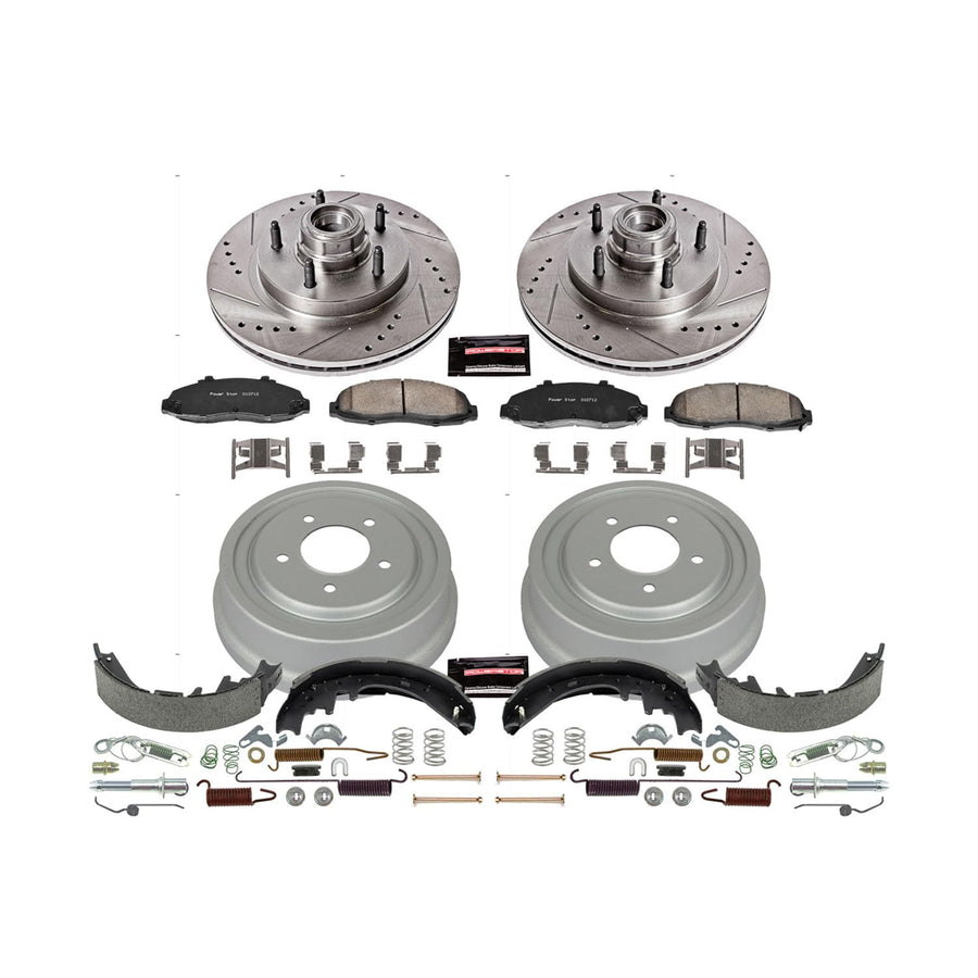 Power Stop K15175DK Z23 Carbon Fiber Brake Pads Front and Rear with Drilled & Slotted Brake Drums Kit For Ford F-150 1997-2000 [Model Specific]