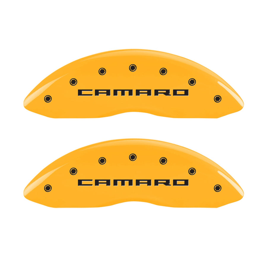 Caliper Covers MGP 14215SCA5YL, Set of 4 (Yellow Engraved Front and Rear: Gen 5/Camaro Powder Coat Finish Black Characters)