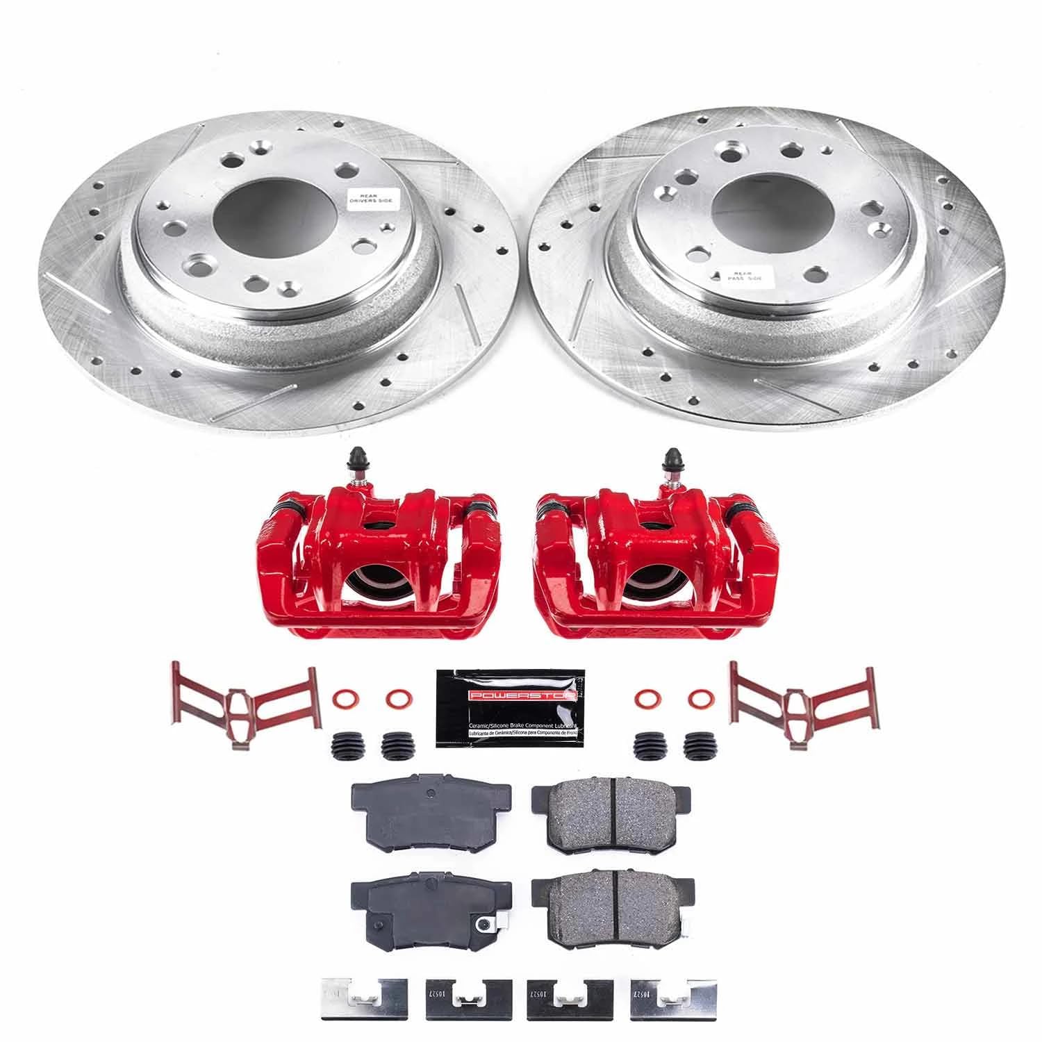 Power Stop Z23 KC3153 Rear Brake Caliper Kit-Drilled/Slotted Rotors, Carbon Ceramic Brake Pads, Calipers For Acura Legend 1991-1995 [Model Specific]