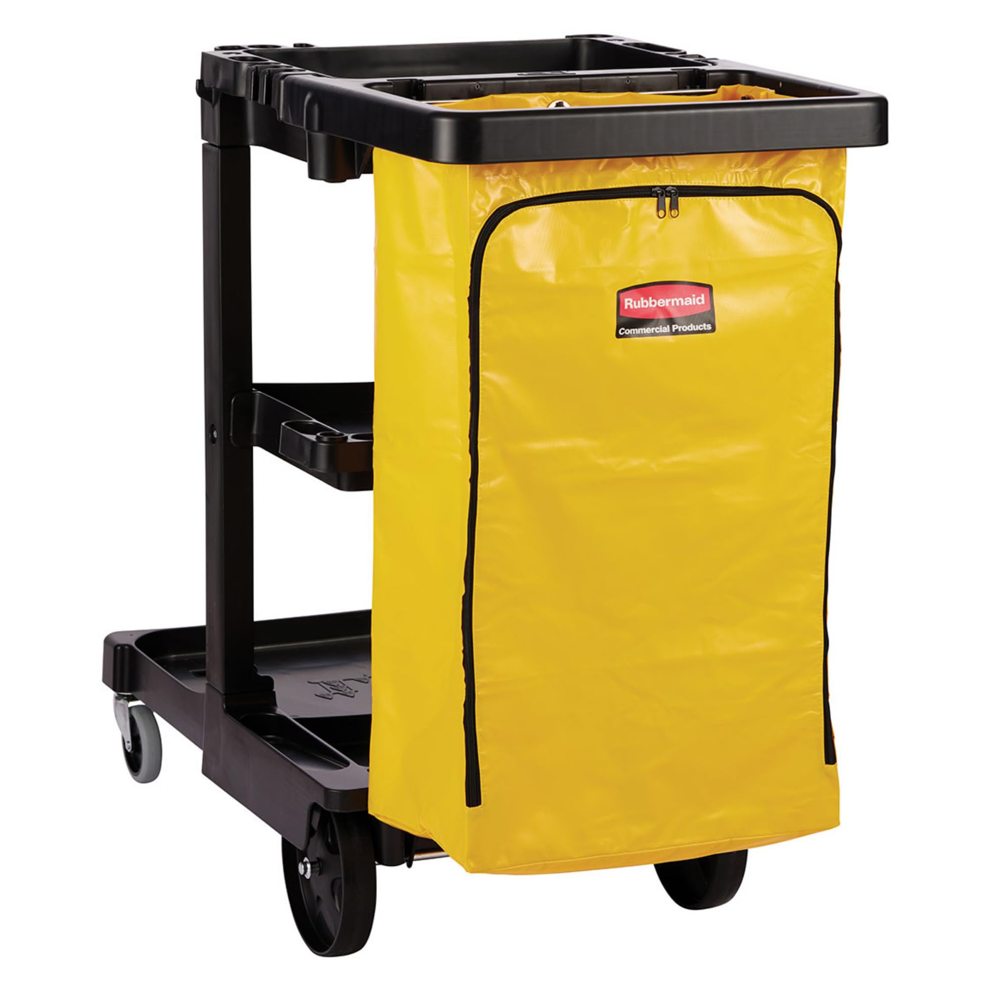 Rubbermaid Commercial 3-Shelf Traditional Janitorial Cleaning Cart, Wheeled with Zippered Yellow Vinyl Bag, for Business/School/Office/Janatorial Cleaning