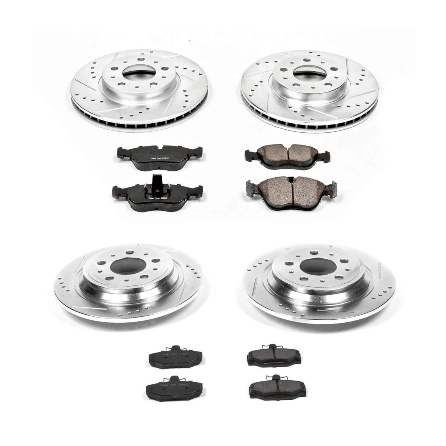 Power Stop K2736 Z23 Carbon Fiber Brake Pads Front and Rear with Drilled & Slotted Brake Rotors Kit For Volvo V70 1998-1999 [Model Specific]