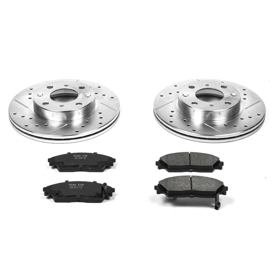 Power Stop K402 Front Brake Pads Z23 Carbon Fiber with Drilled & Slotted Brake Rotors Kit For Honda CRX 1990-1991, Honda Civic 1990-1991 [Model Specific]