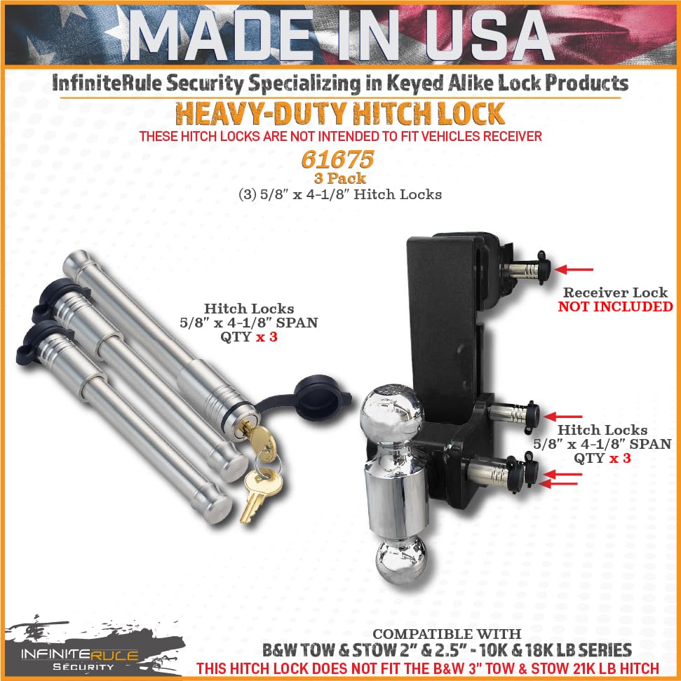 Security InfiniteRule 61675 | 3 Pack, Keyed Alike, Hitch Locks for B&W 2" & 2.5" Tow and Stow 10K LB & 18K LB - Fits Adjustable Ball Mount Only - Does NOT FIT Vehicle Receiver