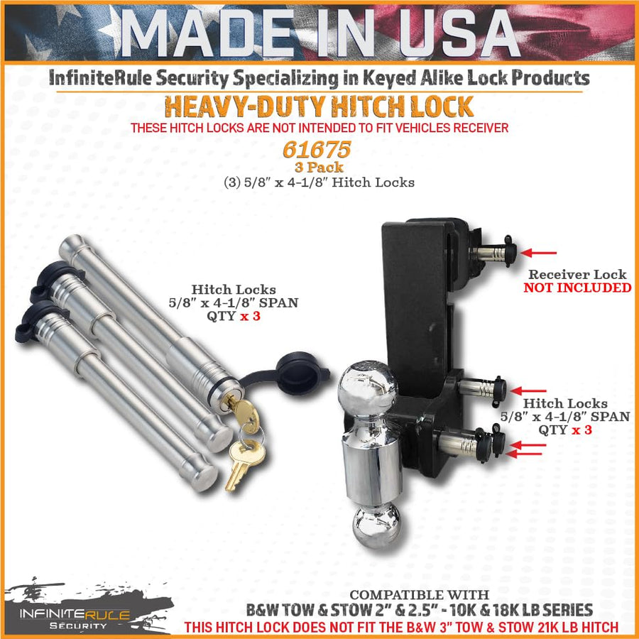 Security InfiniteRule 61675 | 3 Pack, Keyed Alike, Hitch Locks for B&W 2" & 2.5" Tow and Stow 10K LB & 18K LB - Fits Adjustable Ball Mount Only - Does NOT FIT Vehicle Receiver