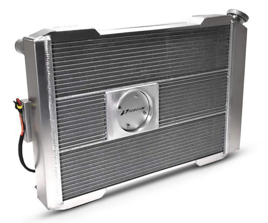 Slim-Fit PFM Radiator, Direct Fit Series, 29-7/64 in W x 18-7/64 in H x 4 in D, Single Pass, Passenger Side Inlet, Driver Side Outlet, Aluminum, Natural, Manual Transmission, Ford Mustang 1979-93