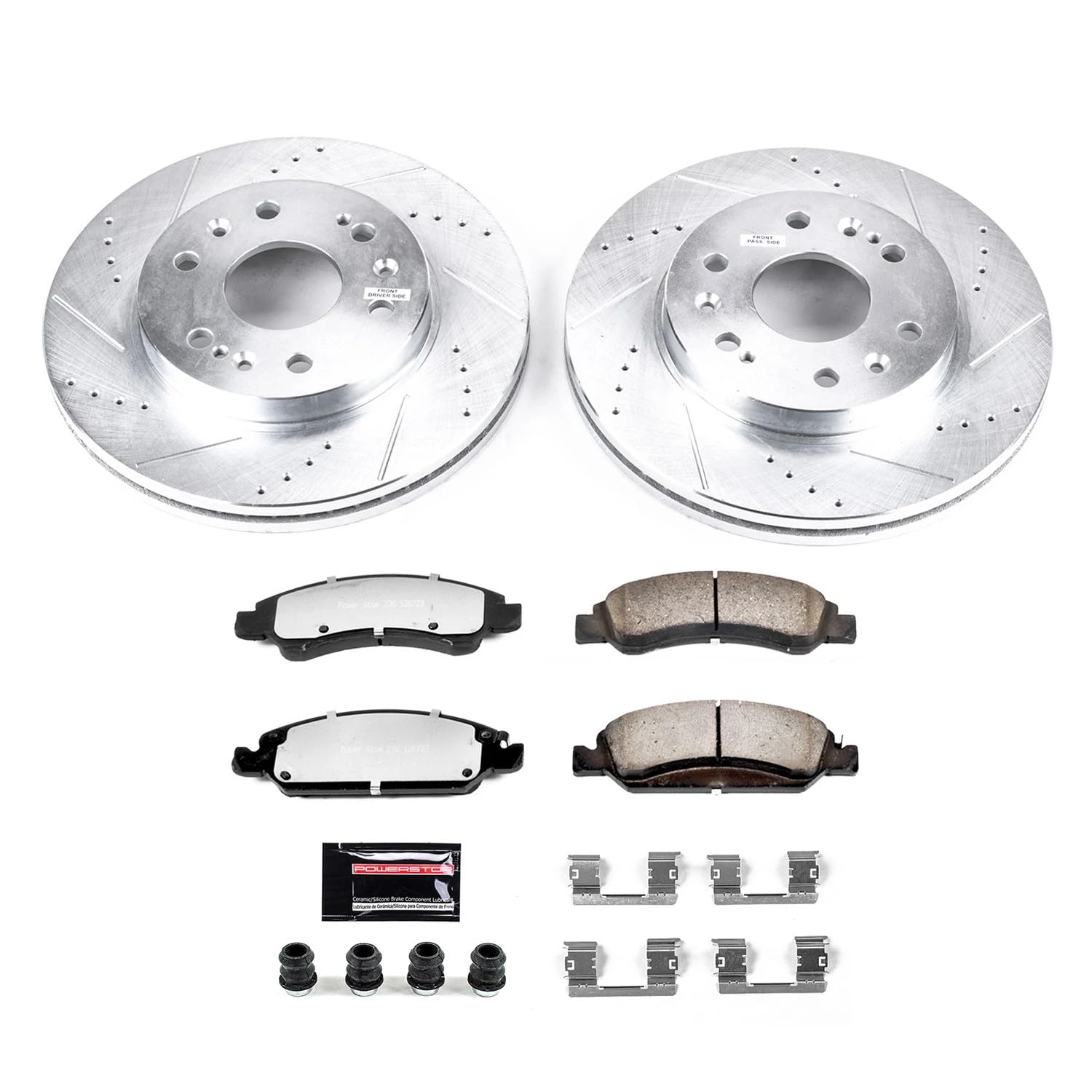 Front Brake Kit Power Stop For 08-20 Cadillac Escalade, 07-18 Chevy Silverado 1500, 08-20 Tahoe, 07-18 GMC Sierra 1500, 08-20 Yukon - Drilled Slotted Rotors & Ceramic Brake Pads Replacement, K2069-36