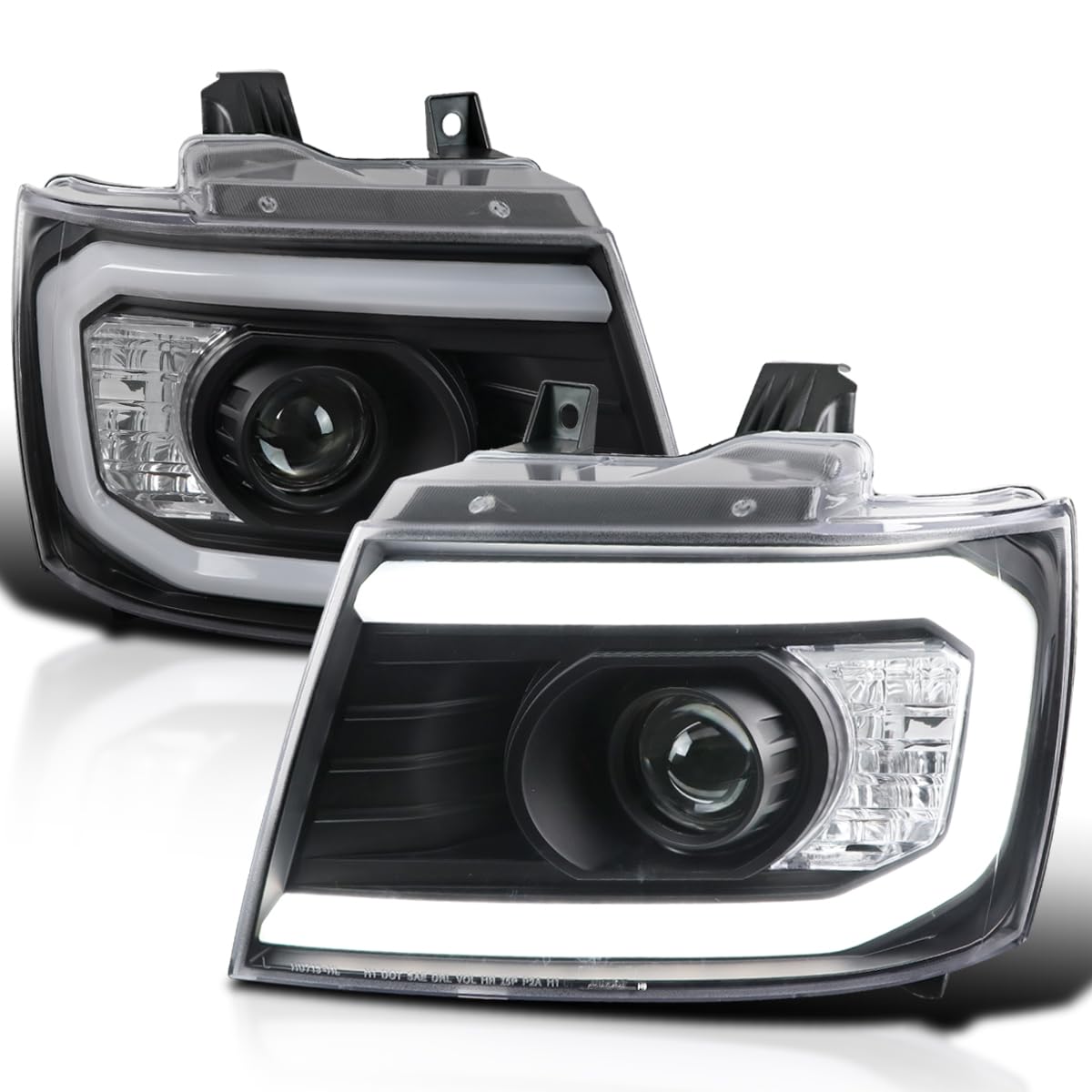 DRL LED Strip Projector Headlights SPEC-D TUNING Compatible with 2007-2014 Chevy Avalanche, Tahoe, Suburban 1500 2500, Left + Right Pair Headlamps Assembly