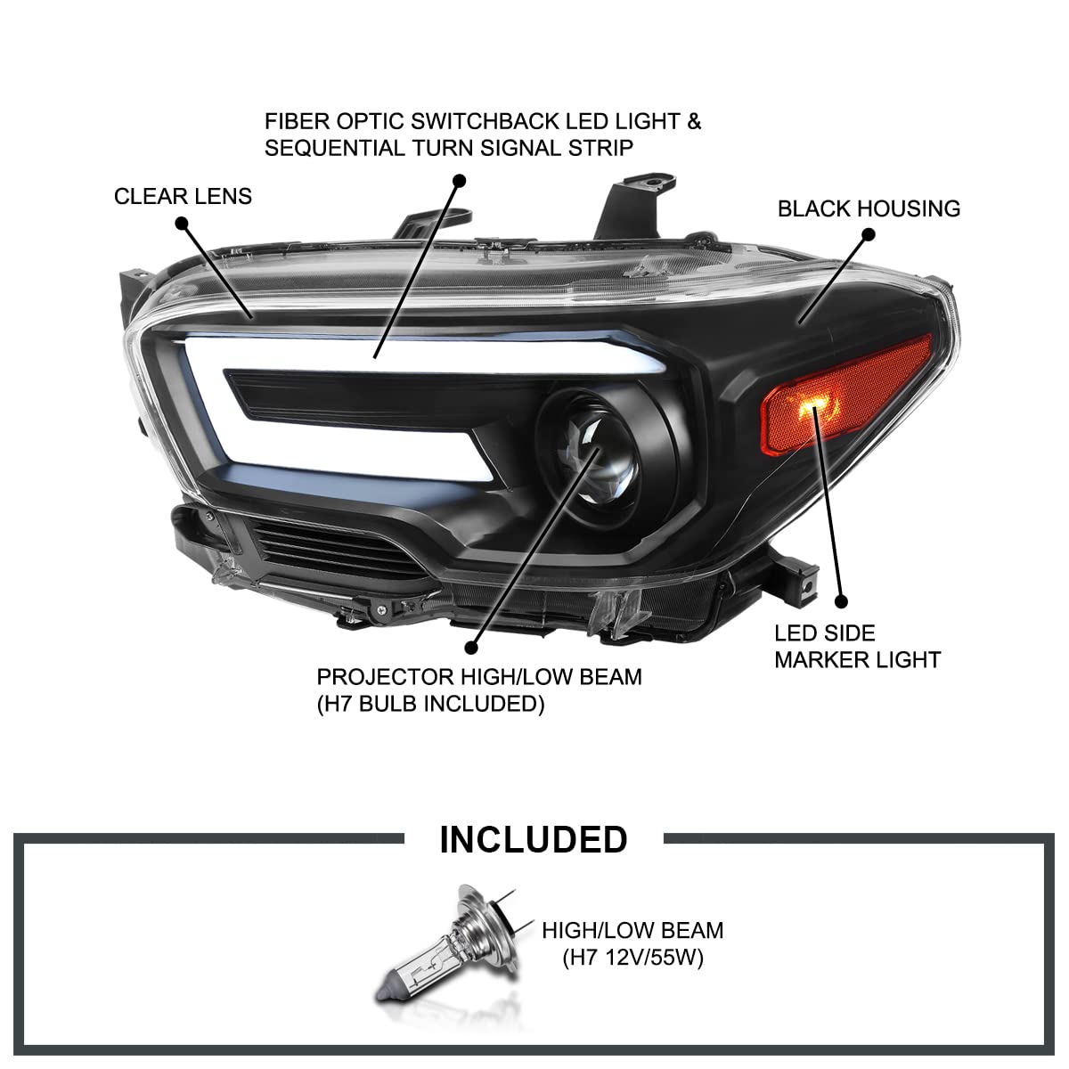 Black Projector Headlights SPEC-D TUNING w/Switchback Sequential LED Turn Signal Compatible with 2016-2022 Toyota Tacoma, Left + Right Pair Headlamps Assembly