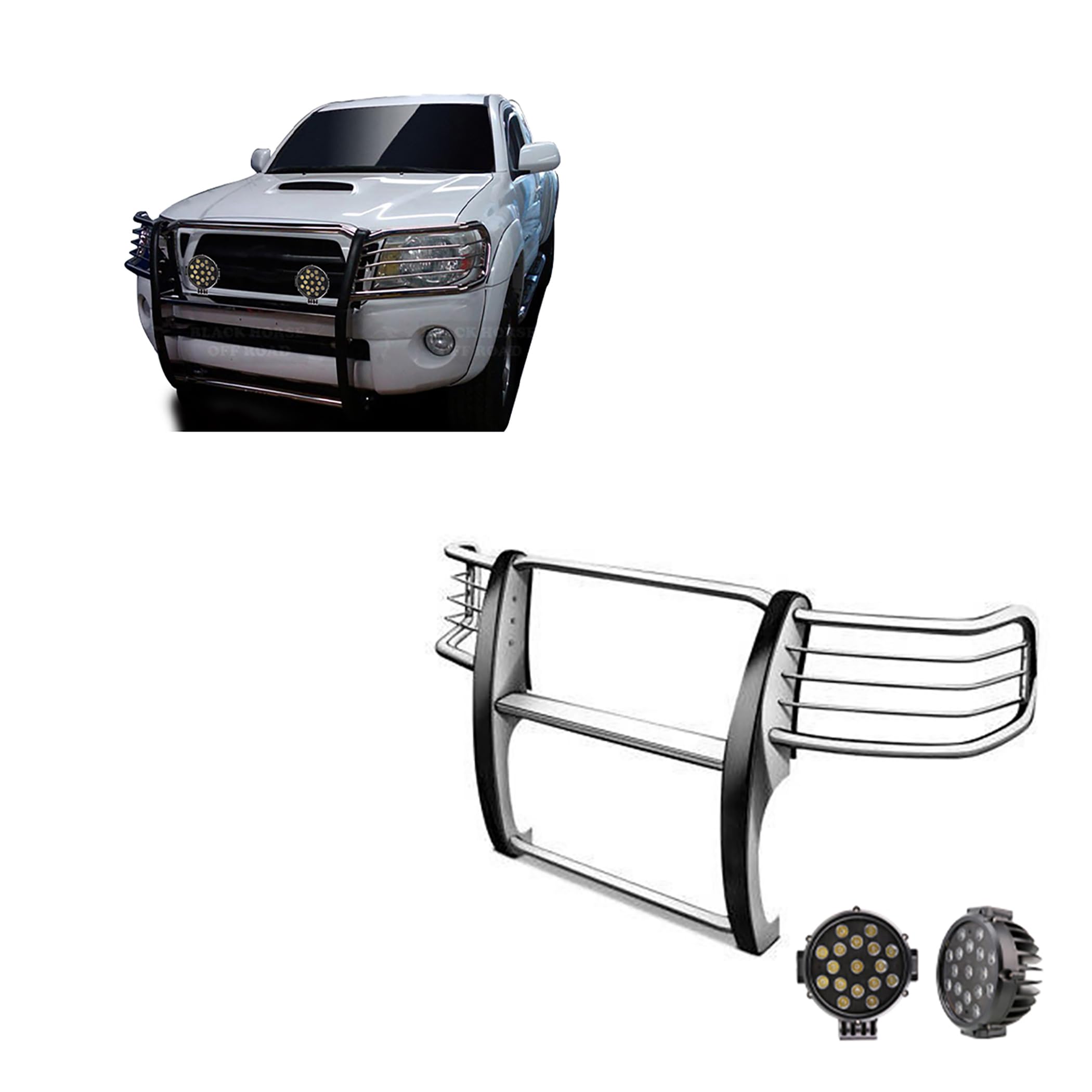 Grille Brush Black Horse Bumper Guard Modular Stainless Steel Come with Pair of 7.0" Dia.LED Lights with Black Trim Rings Compatible with 2005-2015 Toyota Tacoma-17A096400MSS-PLB