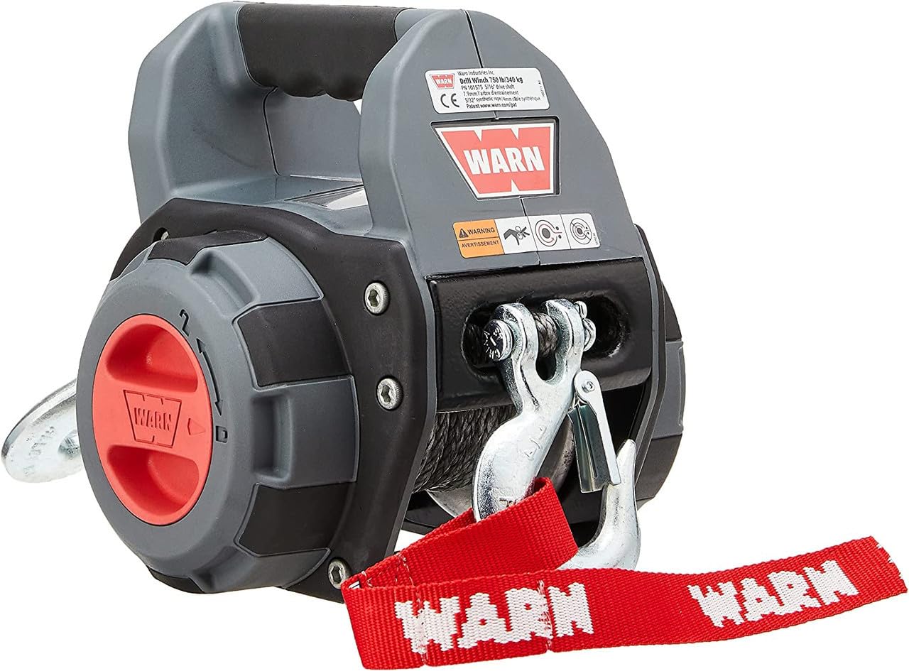750 lb WARN Drill Winch – Portable Pulling Winch with Synthetic Rope | Drill-Powered Operation | Lightweight, Compact Design with Hook & Controls | Ideal for Trailers, ATVs, UTVs.