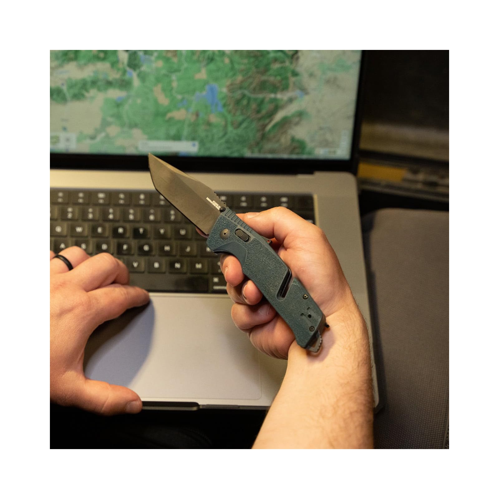 SOG Ambidextrous Trident at Professional Tanto Folding Knives | Heat-Treated CRYO D2 3.75" Stainless Steel Blade, Uniform Blue