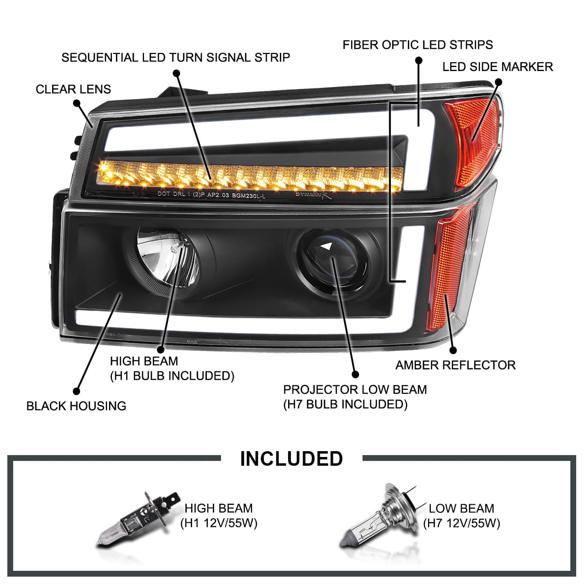 Black SPEC-D TUNING Projector Headlights with Sequential LED Turn Signal Light Compatible with 2004-2012 Chevy Colorado, Left + Right Pair Headlamps Assembly