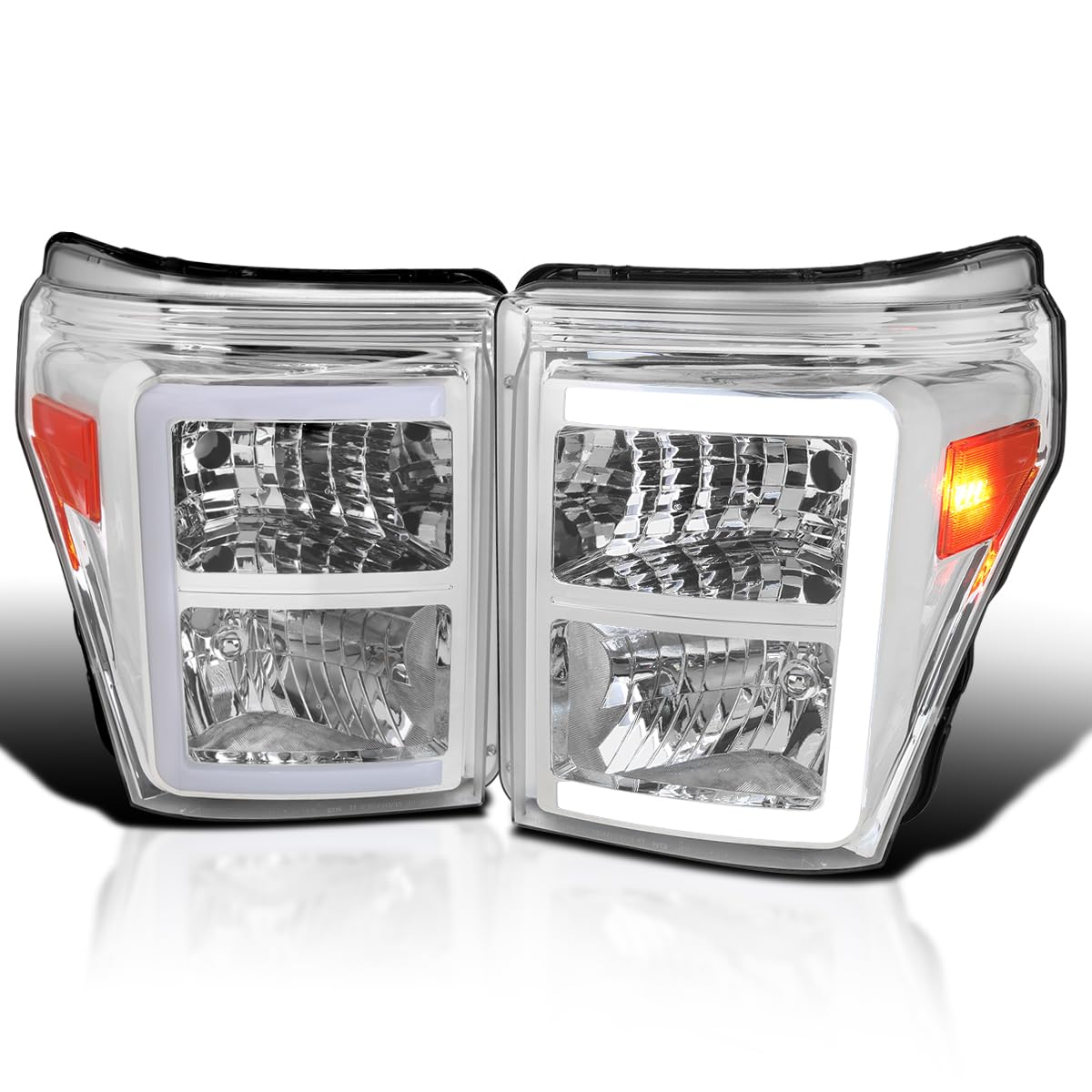 Chrome Headlights SPEC-D TUNING with Dynamic LED Strip Compatible with 2011-2016 Ford F-250, F-350, F-450, F-550 Super Duty, Left + Right Head Lights Assembly