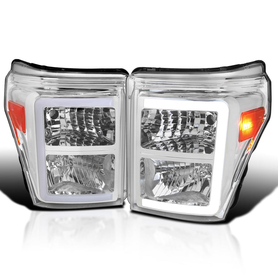 Chrome Headlights SPEC-D TUNING with Dynamic LED Strip Compatible with 2011-2016 Ford F-250, F-350, F-450, F-550 Super Duty, Left + Right Head Lights Assembly