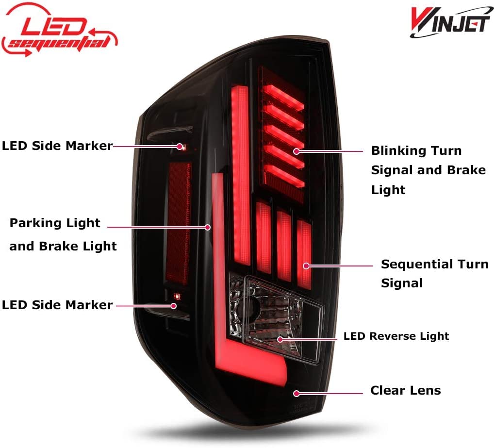 Tail Lights Assembly Winjet For 2014-2021 Toyota Tundra with Led Sequential Turn Signals DRL Brake Lights Rear Lamps Pair Replacement for Tundra Pickup Passenger and Driver Side (Clear)
