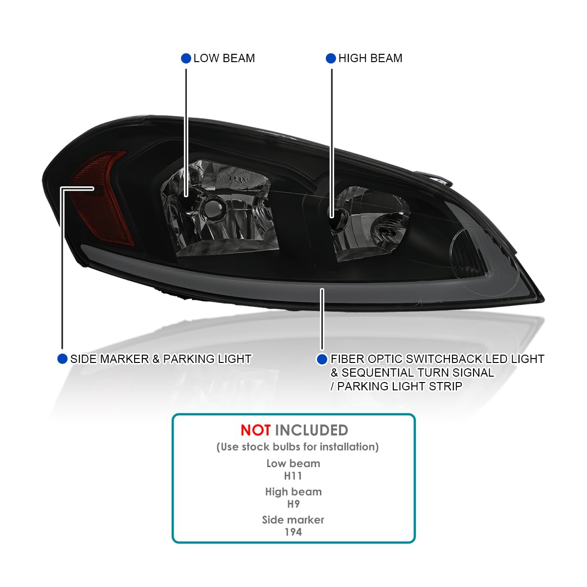 Black Smoke SPEC-D TUNING Headlights w/Switchback LED Signals Compatible with 2006-2013 Chevy Impala, Left + Right Pair Headlamps Assembly